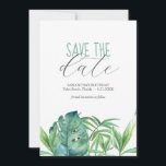Verjaardag Save The Date Cards Tropisch thema<br><div class="desc">Deze verjaardagskaarten zijn voorzien van een bodemplank van weelderige waterverf tropische palmbladeren. De woorden "Save the Date" zijn getypt in houtskoolgrijs op een heldere witte achtergrond. Gebruik de velden sjabloon om aangepaste gegevens toe te voegen. De kaart keert terug naar een bijpassende turquoise blauwe kleur. Kan worden gebruikt voor een...</div>