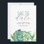 Verjaardag Save The Date Cards Tropisch thema<br><div class="desc">Deze verjaardagskaarten zijn voorzien van een bodemplank van weelderige waterverf tropische palmbladeren. De woorden "Save the Date" zijn getypt in houtskoolgrijs op een heldere witte achtergrond. Gebruik de velden sjabloon om aangepaste gegevens toe te voegen. De kaart keert terug naar een bijpassende turquoise blauwe kleur. Kan worden gebruikt voor een...</div>