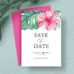 Verjaardag Save The Date Cards Tropisch thema<br><div class="desc">Deze verjaardagskaarten zijn voorzien van een top boarder van sierlijke waterverf tropische bloemen en monstera palmbladeren. De woorden "Save the Date" worden getypt in houtskoolgrijs op een heldere witte achtergrond. Gebruik de sjabloon velden om u aangepaste gegevens toe te voegen. De kaart keert terug naar een bijpassende levendige roze kleur....</div>