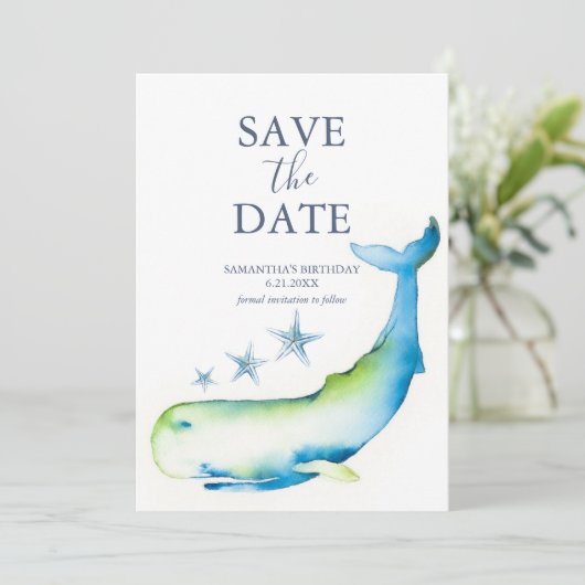 Verjaardag Save The Date Cards Whale (Staand voorkant)