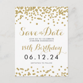 Verjaardag Save the Date Gold Glitter Confetti Whi Aankondigingskaart