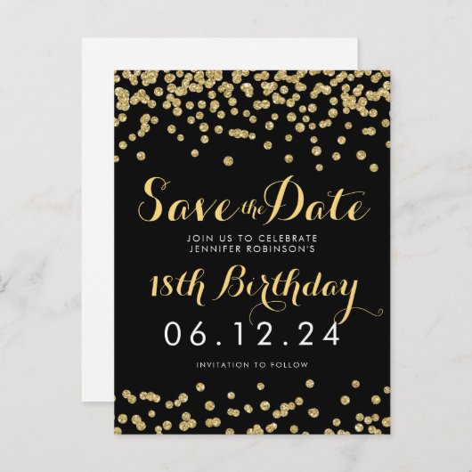 Verjaardag Save the Date Gold Glitter Confetti Zwa Aankondigingskaart (Voorkant / Achterkant)