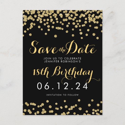 Verjaardag Save the Date Gold Glitter Confetti Zwa Aankondigingskaart (Voorkant)