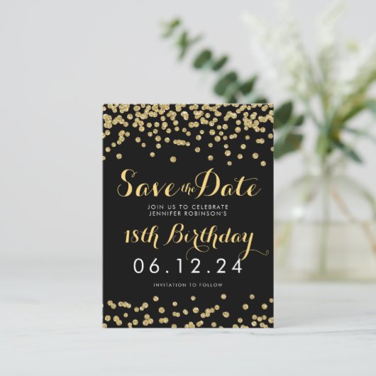 Verjaardag Save the Date Gold Glitter Confetti Zwa Aankondigingskaart (Staand voorkant)