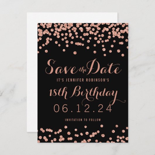 Verjaardag Save the Date Roos Gold Glitter Confett Aankondigingskaart (Voorkant / Achterkant)