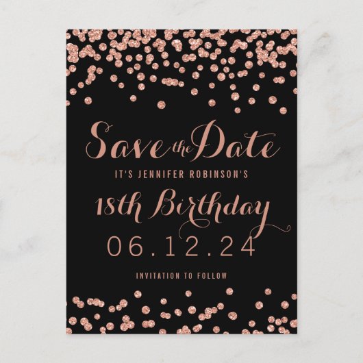 Verjaardag Save the Date Roos Gold Glitter Confett Aankondigingskaart (Voorkant)