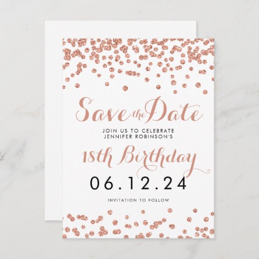 Verjaardag Save the Date Roos Gold Glitter Confett Aankondigingskaart (Voorkant / Achterkant)