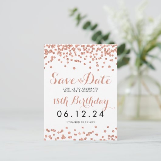 Verjaardag Save the Date Roos Gold Glitter Confett Aankondigingskaart (Staand voorkant)