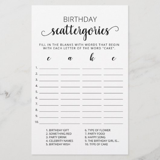 Verjaardag Scattergories bewerkbaar spel (Voorkant)