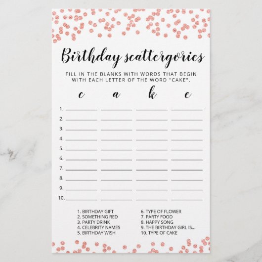 Verjaardag Scattergories bewerkbaar spel (Voorkant)