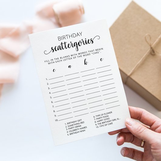 Verjaardag Scattergories bewerkbare spelkaart Kaart