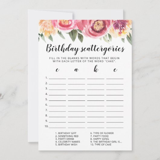 Verjaardag Scattergories bewerkbare spelkaart Kaart (Voorkant)