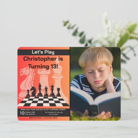 Verjaardag Schaakspel Uitnodiging met foto toe te  (Staand voorkant)