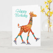 Verjaardag schaatsen Giraffe Kaart (Gele Bloem)