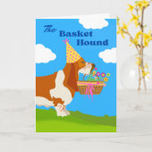 Verjaardag Schattige Mand Basset Hound met Bloemen Kaart (Gele Bloem)
