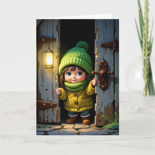 Verjaardag Schattige Munchkin door een oude deur Kaart
