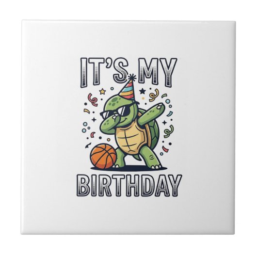 Verjaardag Schildpad Basketbal Feest Vector Ontwer Tegeltje (Voorkant)