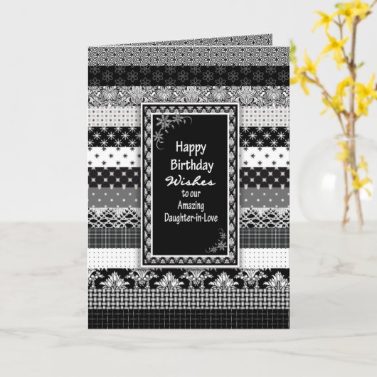 Verjaardag, schoondochter, zwart/wit lagen kaart (Gele Bloem)