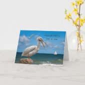 Verjaardag, schoonzoon, witte pelikaan op een rots kaart (Gele Bloem)