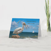 Verjaardag, schoonzoon, witte pelikaan op een rots kaart (Voorkant)