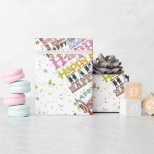 Verjaardag Script Regenboog Gouden Sterren Cadeaupapier