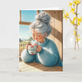 Verjaardag Senior Lady Drink Koffie Kaart (Gele Bloem)