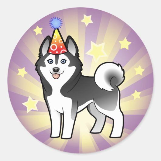 Verjaardag Siberische Husky / Alaskan Malamute Ronde Sticker (Voorkant)