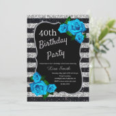 Verjaardag Silver Black Stripes Glitter Blue Rozen Kaart (Staand voorkant)