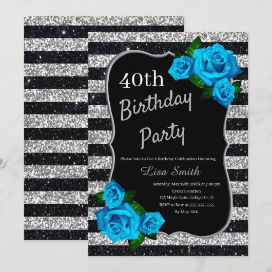 Verjaardag Silver Black Stripes Glitter Blue Rozen Kaart (Voorkant / Achterkant)