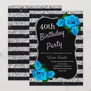 Verjaardag Silver Black Stripes Glitter Blue Rozen Kaart
