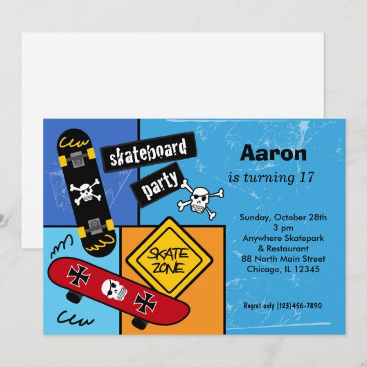 Verjaardag skateboarden (lichtblauw) kaart (Voorkant / Achterkant)