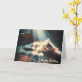 Verjaardag slapen kitten op oude quilt kaart (Gele Bloem)