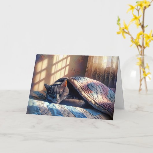 Verjaardag Sleeping Grey Cat Kaart (Gele Bloem)