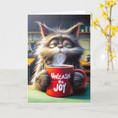 Verjaardag Sleepy Cat met rode Mok Kaart (Gele Bloem)