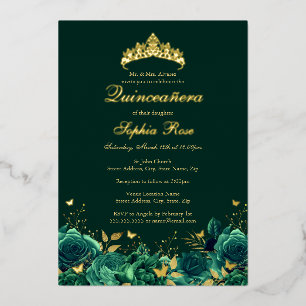 Verjaardag Smaragd Bloem Vlinder Quinceanera Folie Uitnodiging