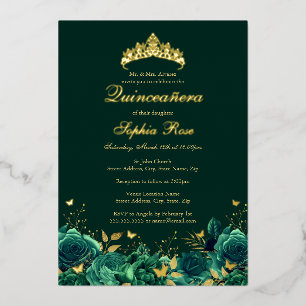 Verjaardag Smaragd Bloemenvlinder Quinceanera Folie Uitnodiging