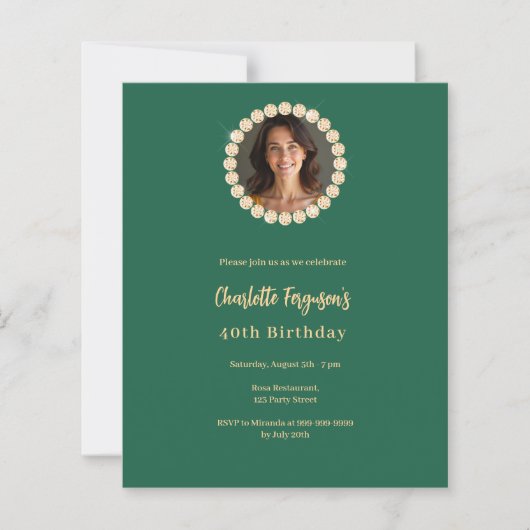 Verjaardag smaragdgroene diamant foto uitnodiging (Voorkant)