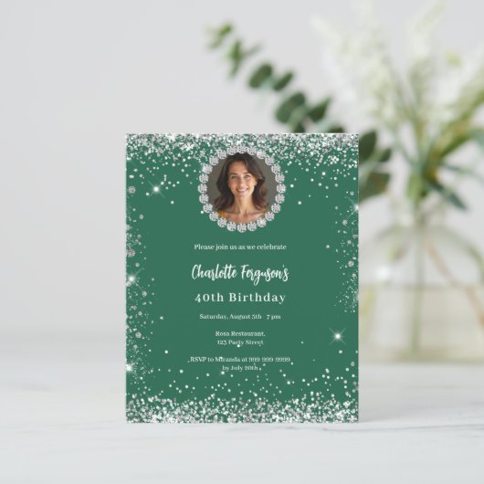 Verjaardag smaragdgroene diamant foto uitnodiging (Staand voorkant)