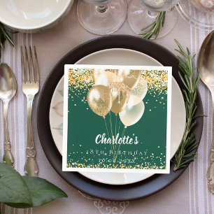 Verjaardag smaragdgroene gouden ballonnen confetti servet