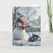 Verjaardag Sneeuwman Pushing Een Grasmaaier Kaart (Voorkant)