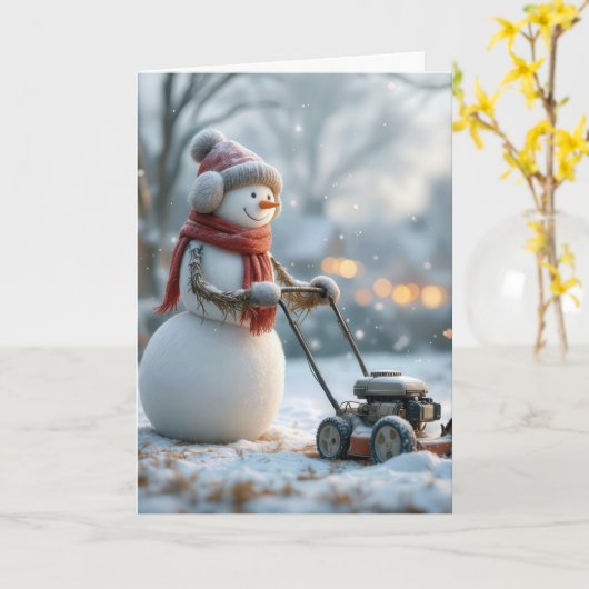Verjaardag Sneeuwman Pushing Een Grasmaaier Kaart (Gele Bloem)
