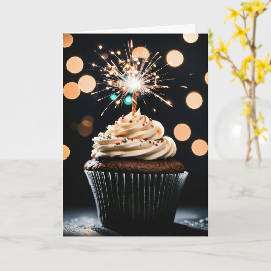Verjaardag Sparkler Kaars In Een Chocolade Cupcake Kaart (Gele Bloem)