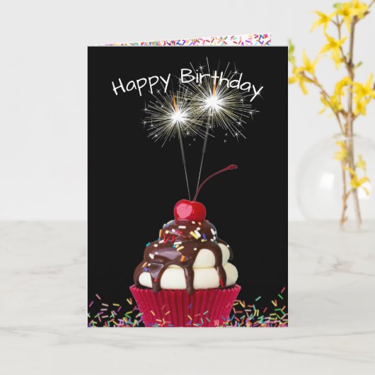 Verjaardag Sparklers op Cupcake Kaart (Gele Bloem)