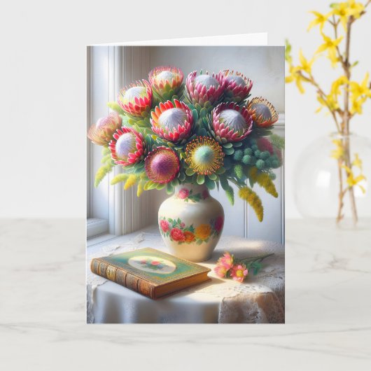 Verjaardag speldenkussen Protea Boeket Kaart (Gele Bloem)