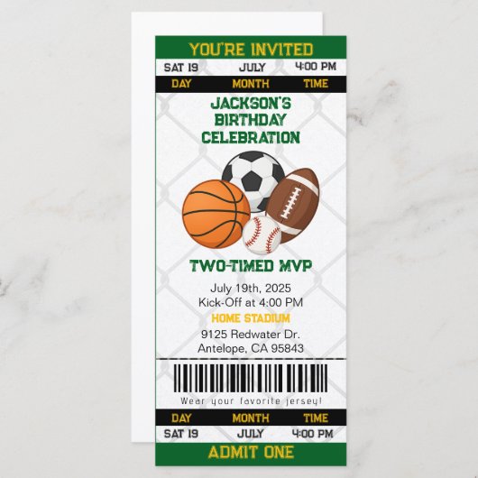 Verjaardag Sport Thema Ticket Stub Uitnodiging (Voorkant / Achterkant)