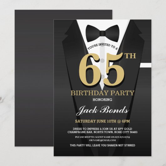 Verjaardag Spy Suit Zwart Stropdas ANY AGE Uitnodi Kaart (Voorkant / Achterkant)