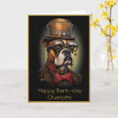 Verjaardag Steampunk Boxer Dog Custom Naam Tekst 1 Kaart (Gele Bloem)