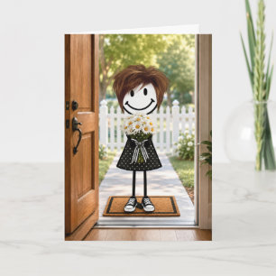 Verjaardag Stick Figure Meisje met Boeket Margriet Kaart