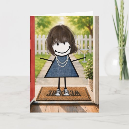 Verjaardag Stick Figure Meisje met Martini Kaart (Voorkant)