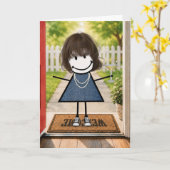 Verjaardag Stick Figure Meisje met Martini Kaart (Gele Bloem)